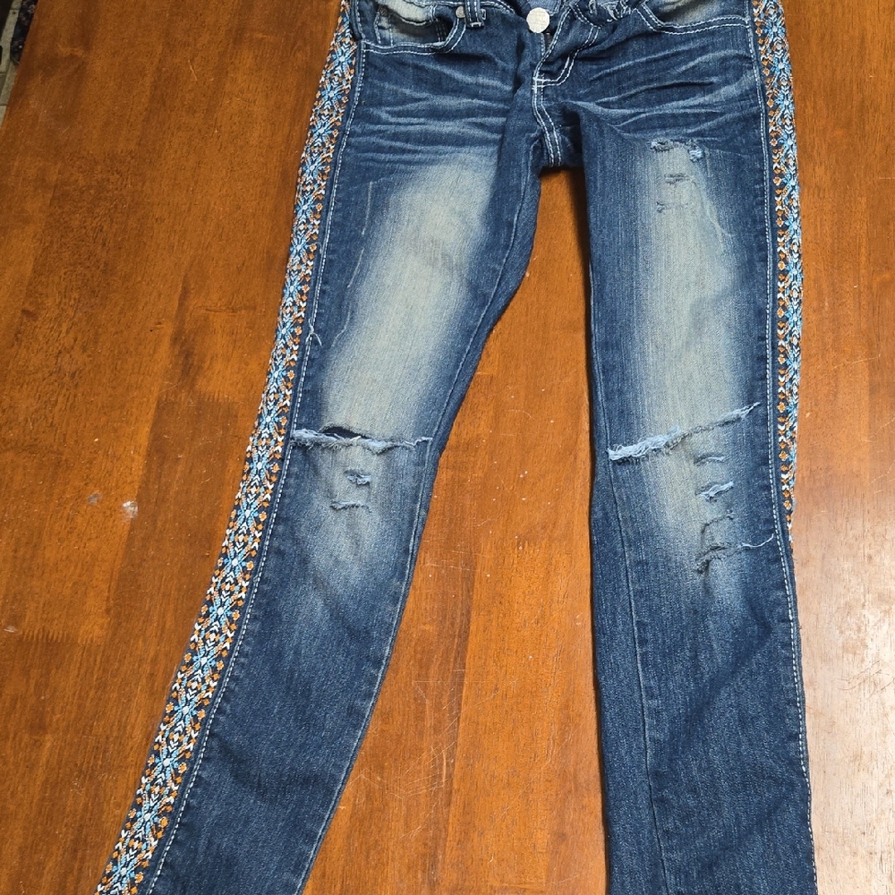 Blue Distressed Women's Jeans with Side Embroidered Trim